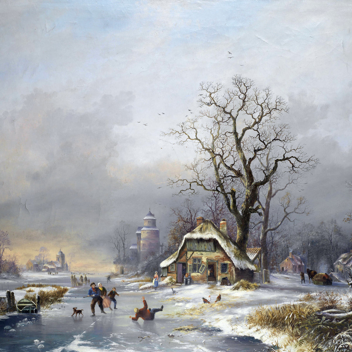 Landscape Oil Painting - Winter Village Scene with Figures on Ice
