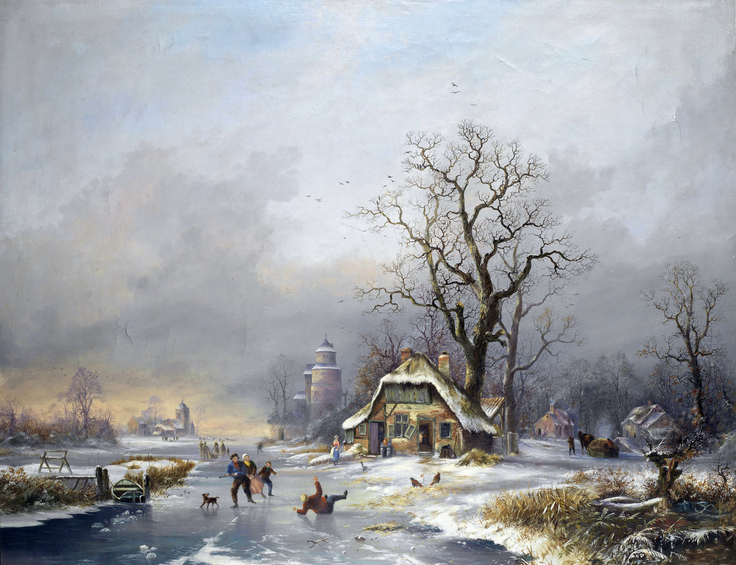 Landscape Oil Painting - Winter Village Scene with Figures on Ice