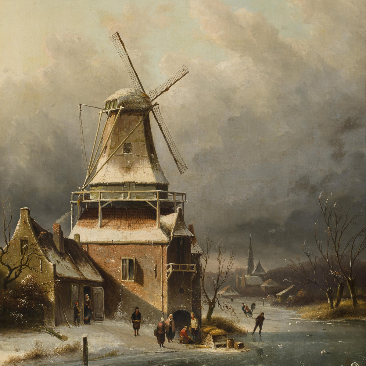 Winter Windmill Village Scene Hand-Painted Oil Painting