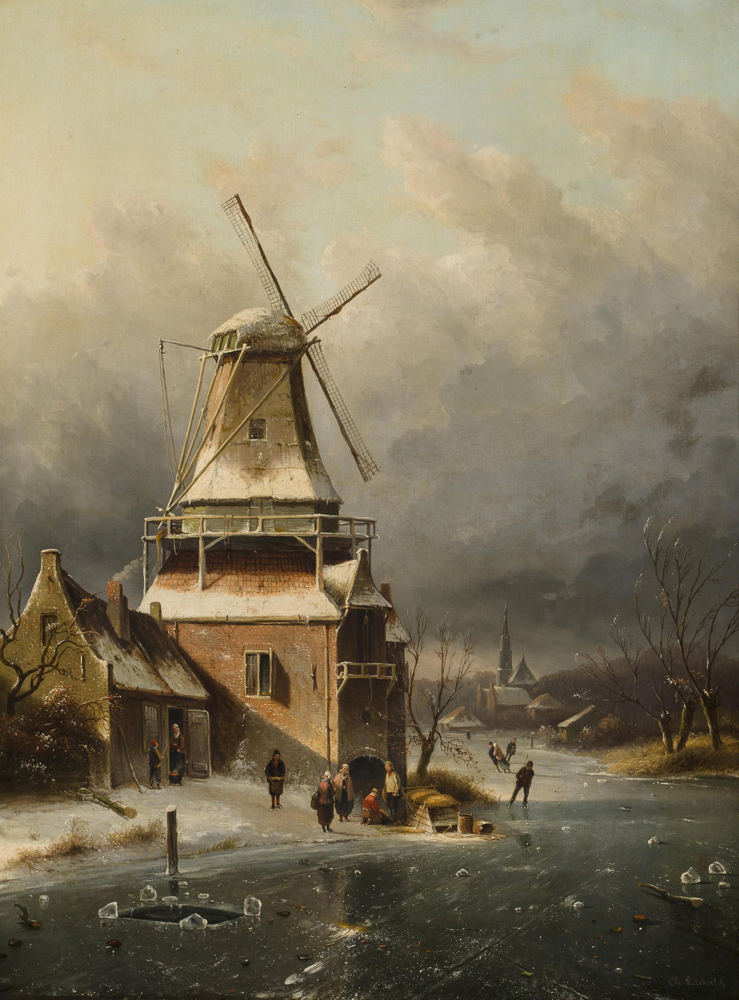 Winter Windmill Village Scene Hand-Painted Oil Painting