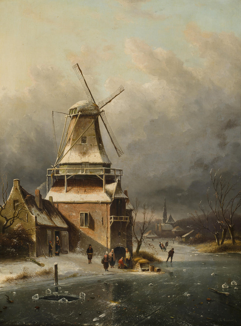 Winter Windmill Village Scene Hand-Painted Oil Painting