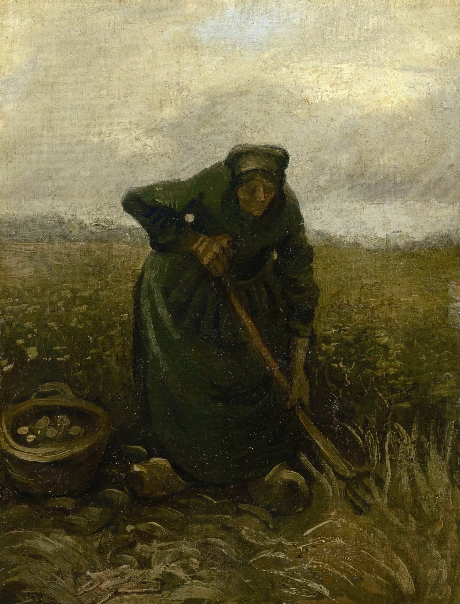 Woman Lifting Potatoes - Oil Painting Haven