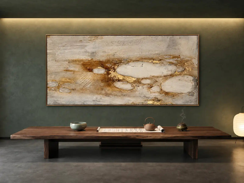 Abstract Oil Painting - Gold and Ivory Textured Stone Forms
