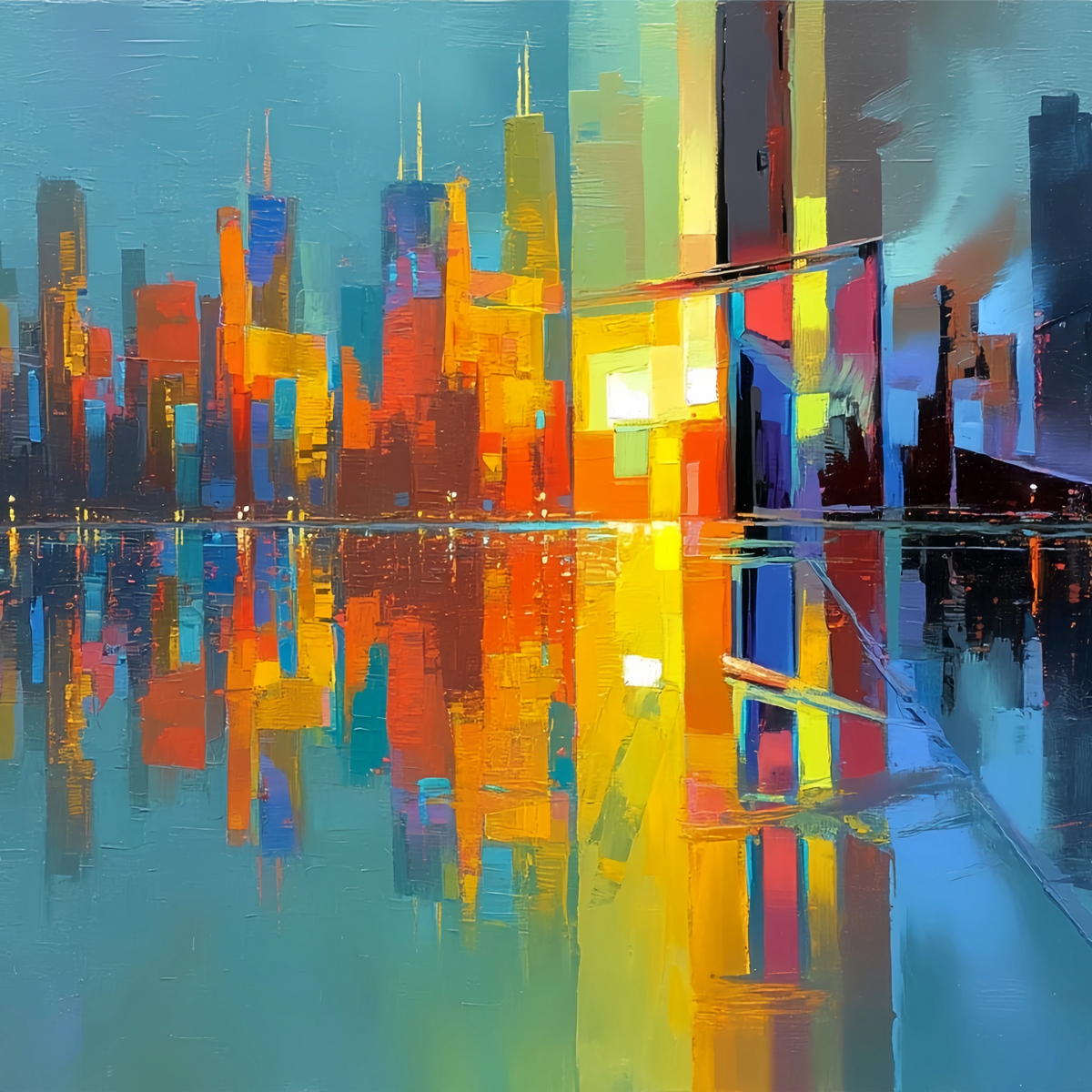 Abstract City Skyline Original Oil Painting For Sale - Oil Painting Haven