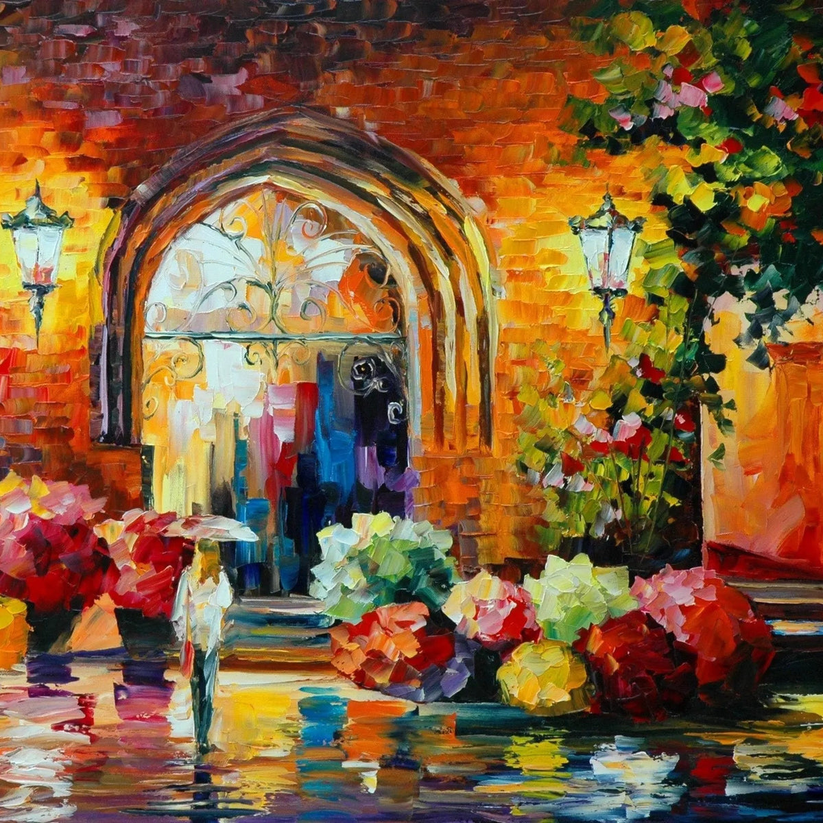 Abstract Landscape Oil Painting - Archway Rain Scene with Flowers - Oil Painting Haven