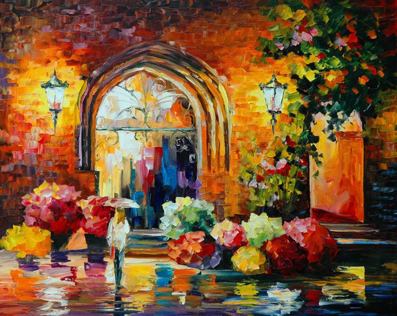 Abstract Landscape Oil Painting - Archway Rain Scene with Flowers - Oil Painting Haven