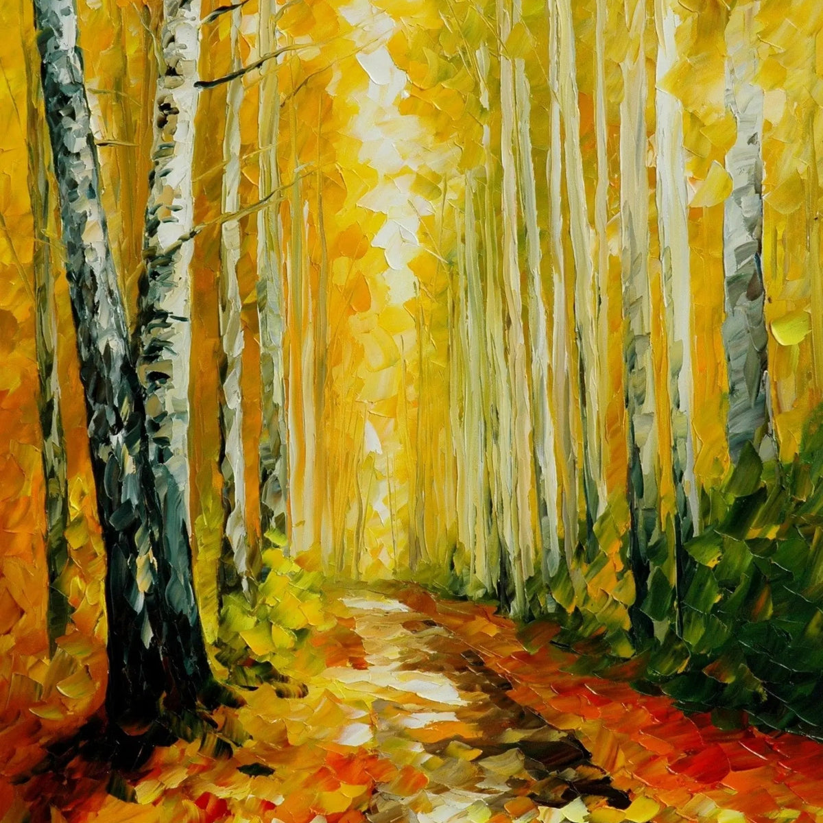 Abstract Landscape Oil Painting - Autumn Birch Forest Path - Oil Painting Haven