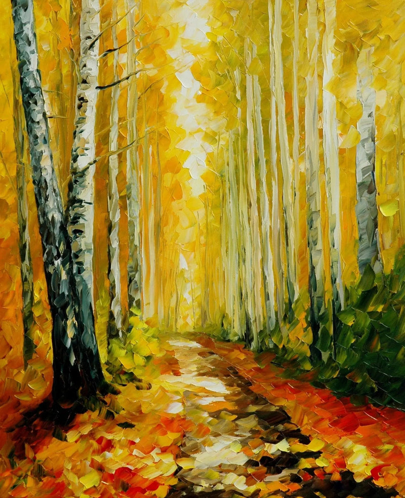 Abstract Landscape Oil Painting - Autumn Birch Forest Path - Oil Painting Haven