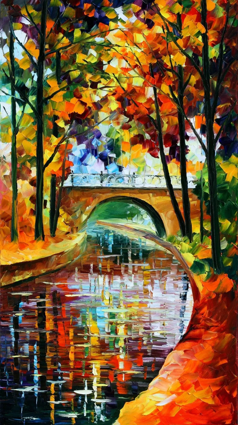 Abstract Landscape Oil Painting - Autumn Bridge Over Reflective Canal - Oil Painting Haven