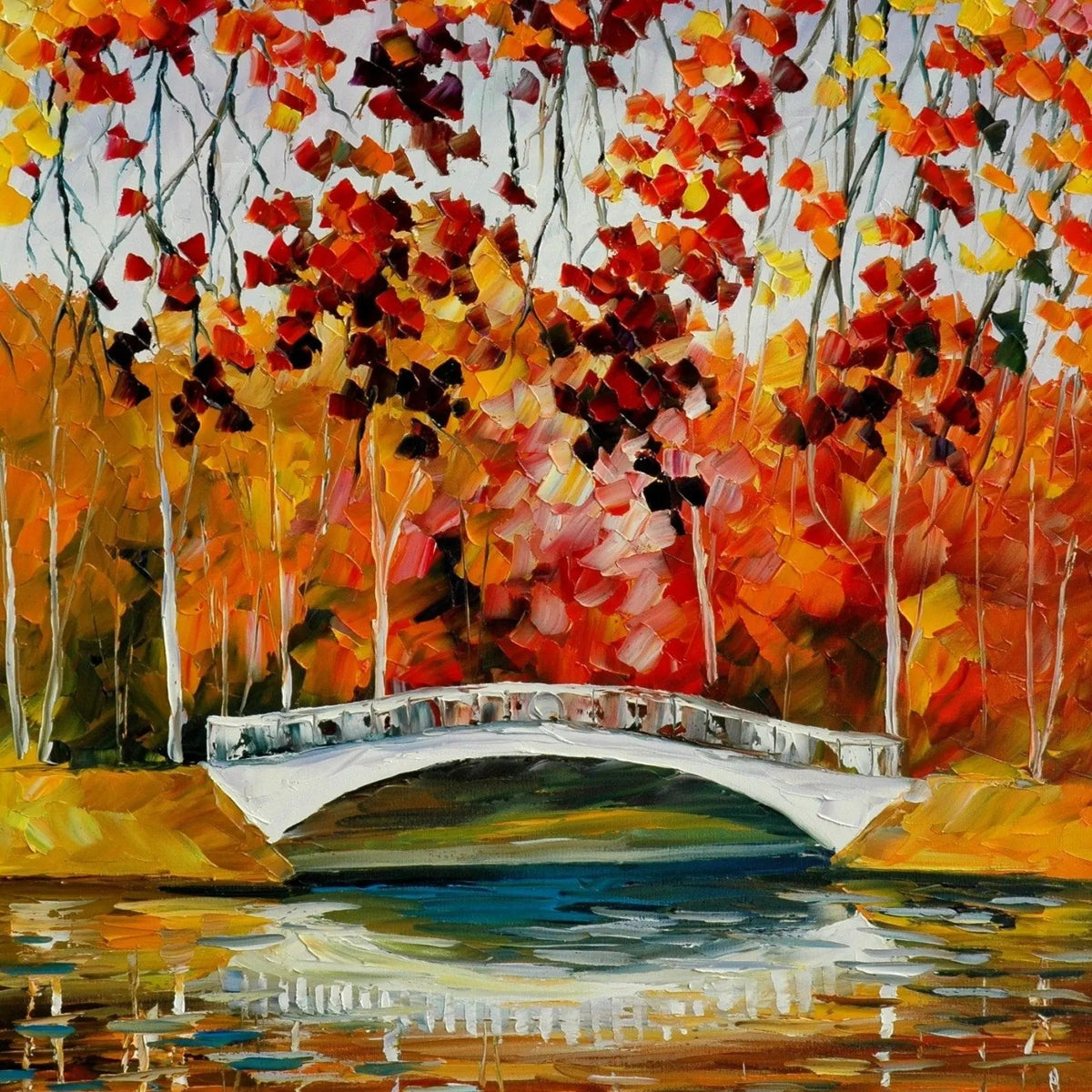 Abstract Landscape Oil Painting - Autumn Bridge Over Reflective Water - Oil Painting Haven