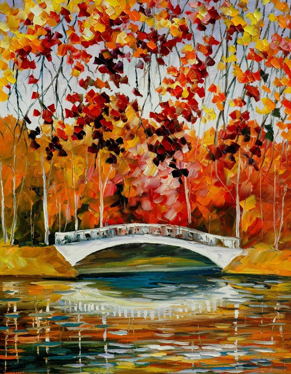 Abstract Landscape Oil Painting - Autumn Bridge Over Reflective Water - Oil Painting Haven