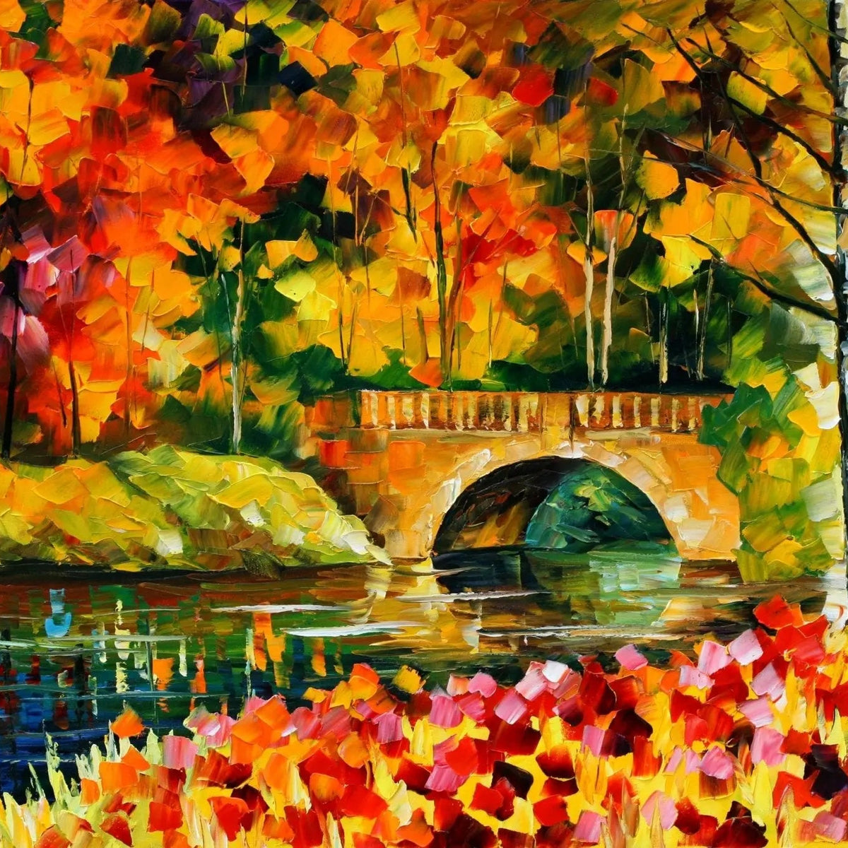 Abstract Landscape Oil Painting - Autumn Bridge Over River with Foliage - Oil Painting Haven