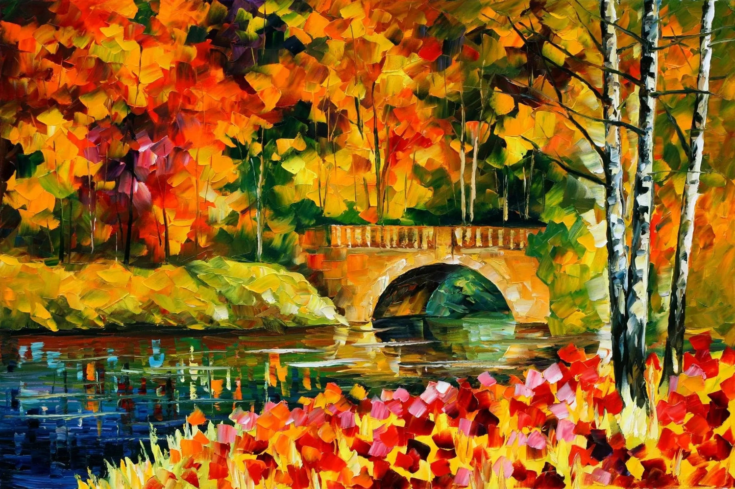Abstract Landscape Oil Painting - Autumn Bridge Over River with Foliage - Oil Painting Haven