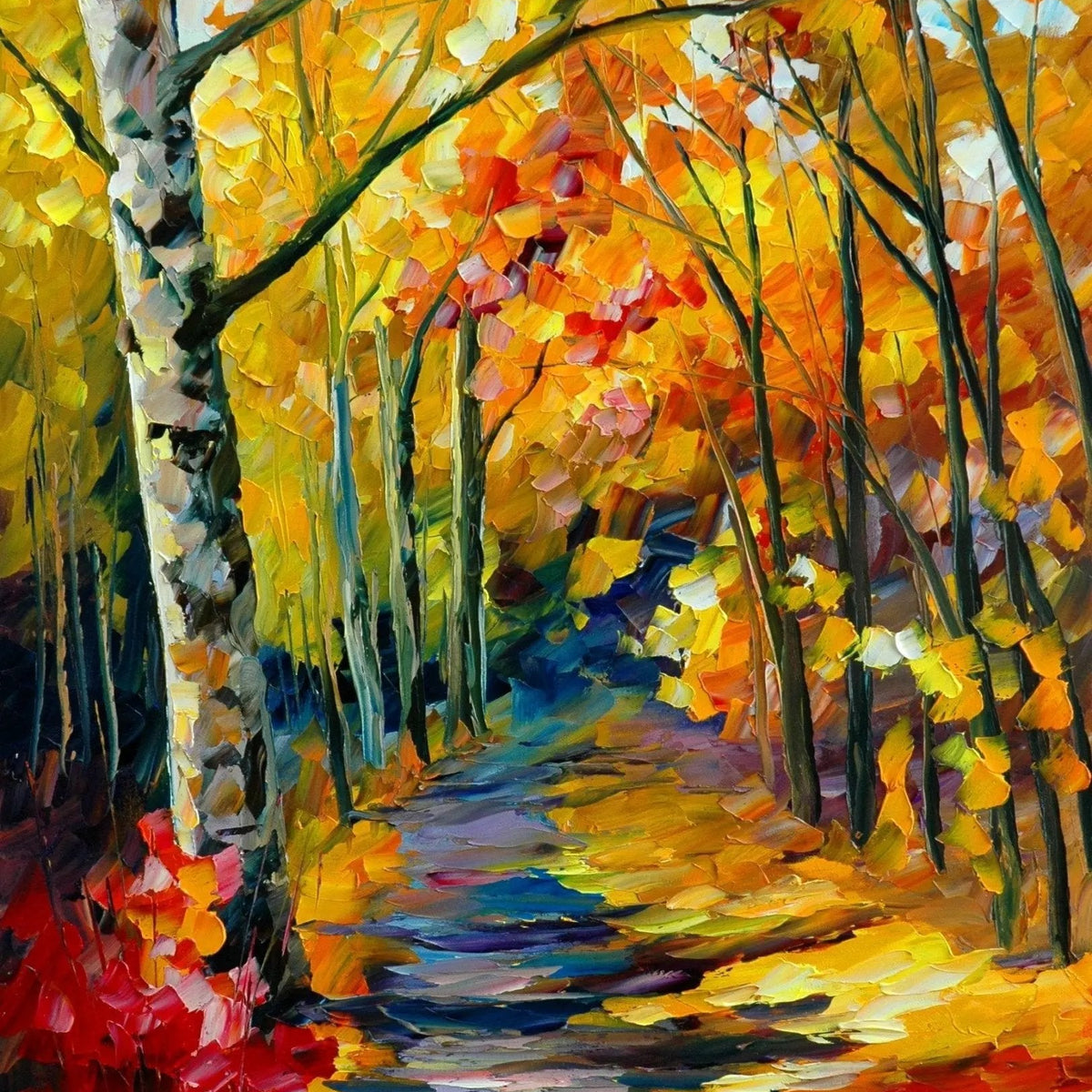 Abstract Landscape Oil Painting - Autumn Forest Path in Bright Tones - Oil Painting Haven