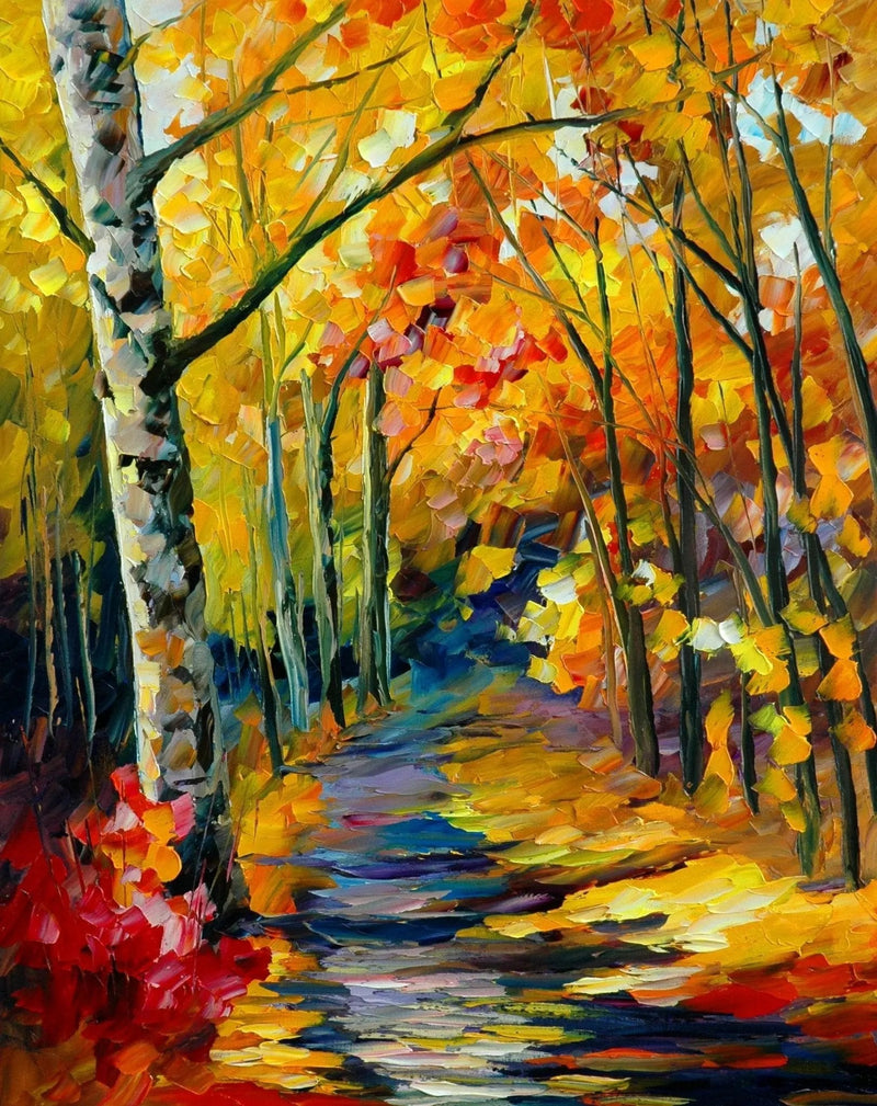 Abstract Landscape Oil Painting - Autumn Forest Path in Bright Tones - Oil Painting Haven