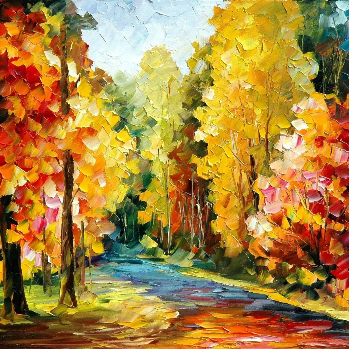 Abstract Landscape Oil Painting - Autumn Forest Path in Vibrant Colors - Oil Painting Haven