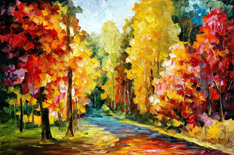 Abstract Landscape Oil Painting - Autumn Forest Path in Vibrant Colors - Oil Painting Haven