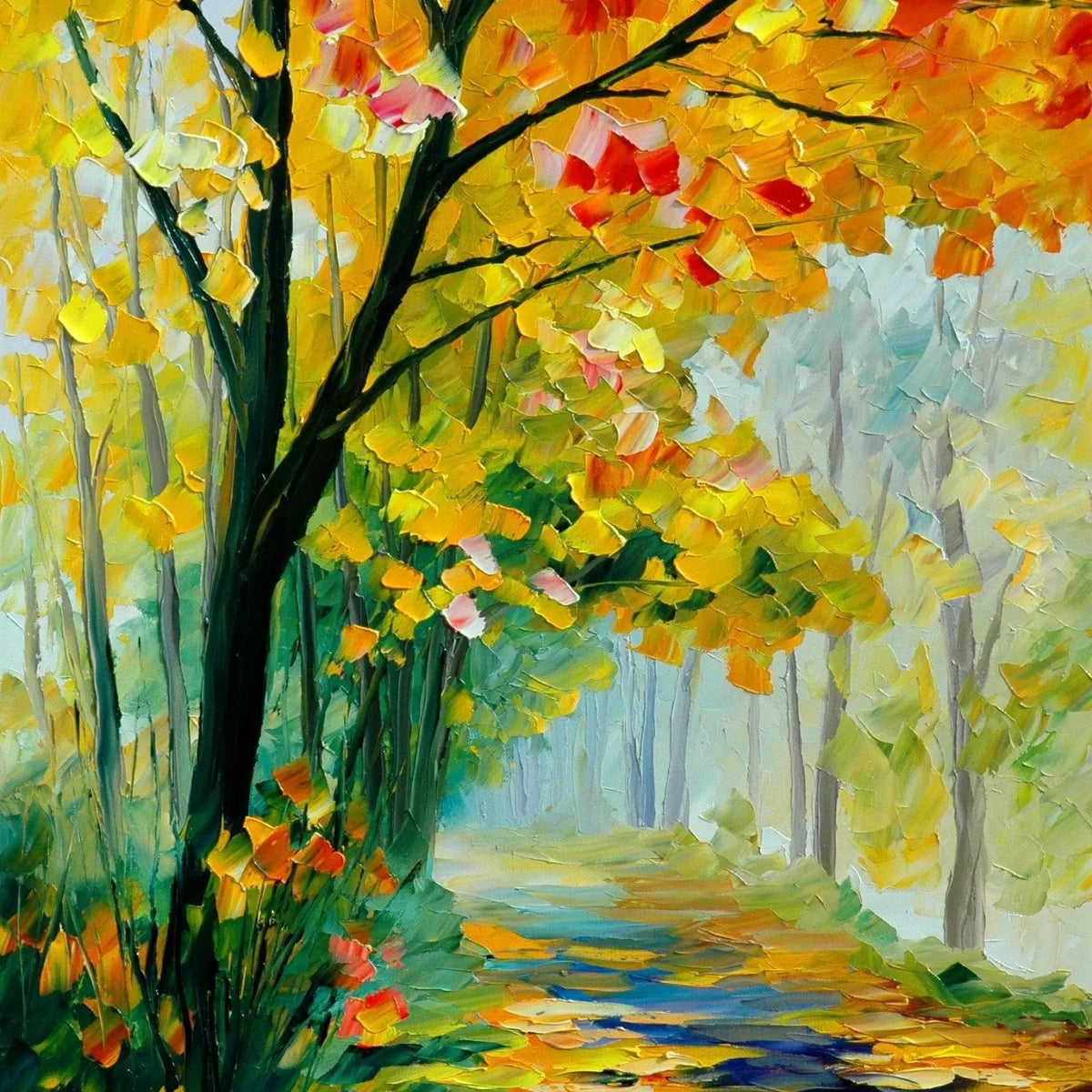 Abstract Landscape Oil Painting - Autumn Forest Path in Vibrant Hues - Oil Painting Haven