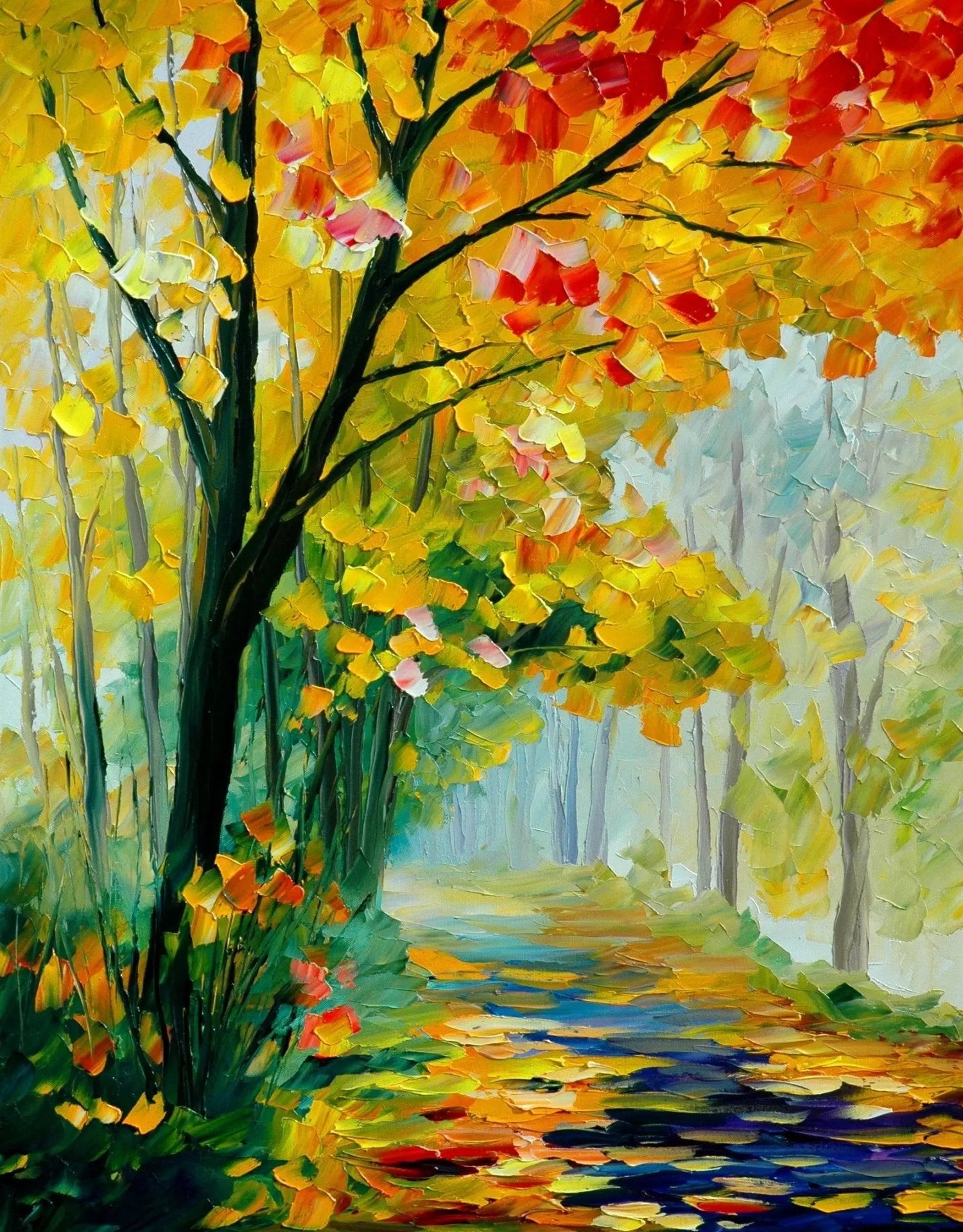Abstract Landscape Oil Painting - Autumn Forest Path in Vibrant Hues - Oil Painting Haven