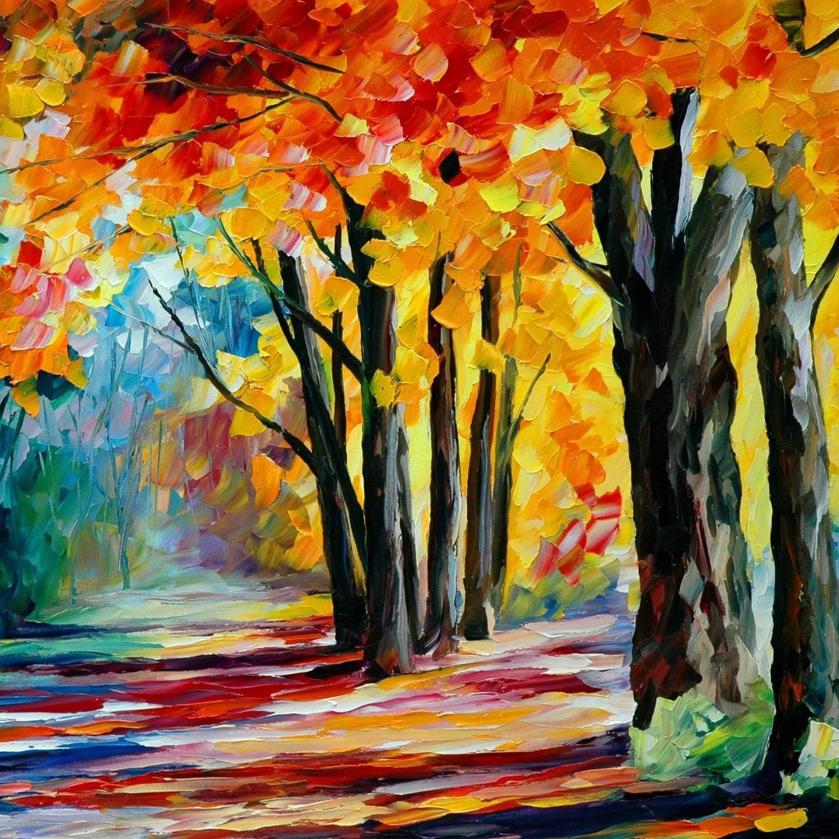 Abstract Landscape Oil Painting - Autumn Forest Path with Colorful Foliage - Oil Painting Haven
