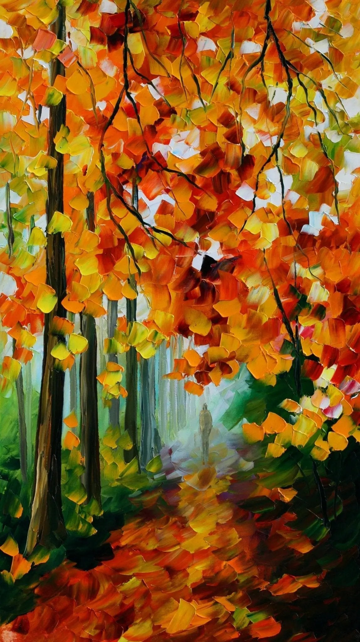 Abstract Landscape Oil Painting - Autumn Forest Path with Figure - Oil Painting Haven