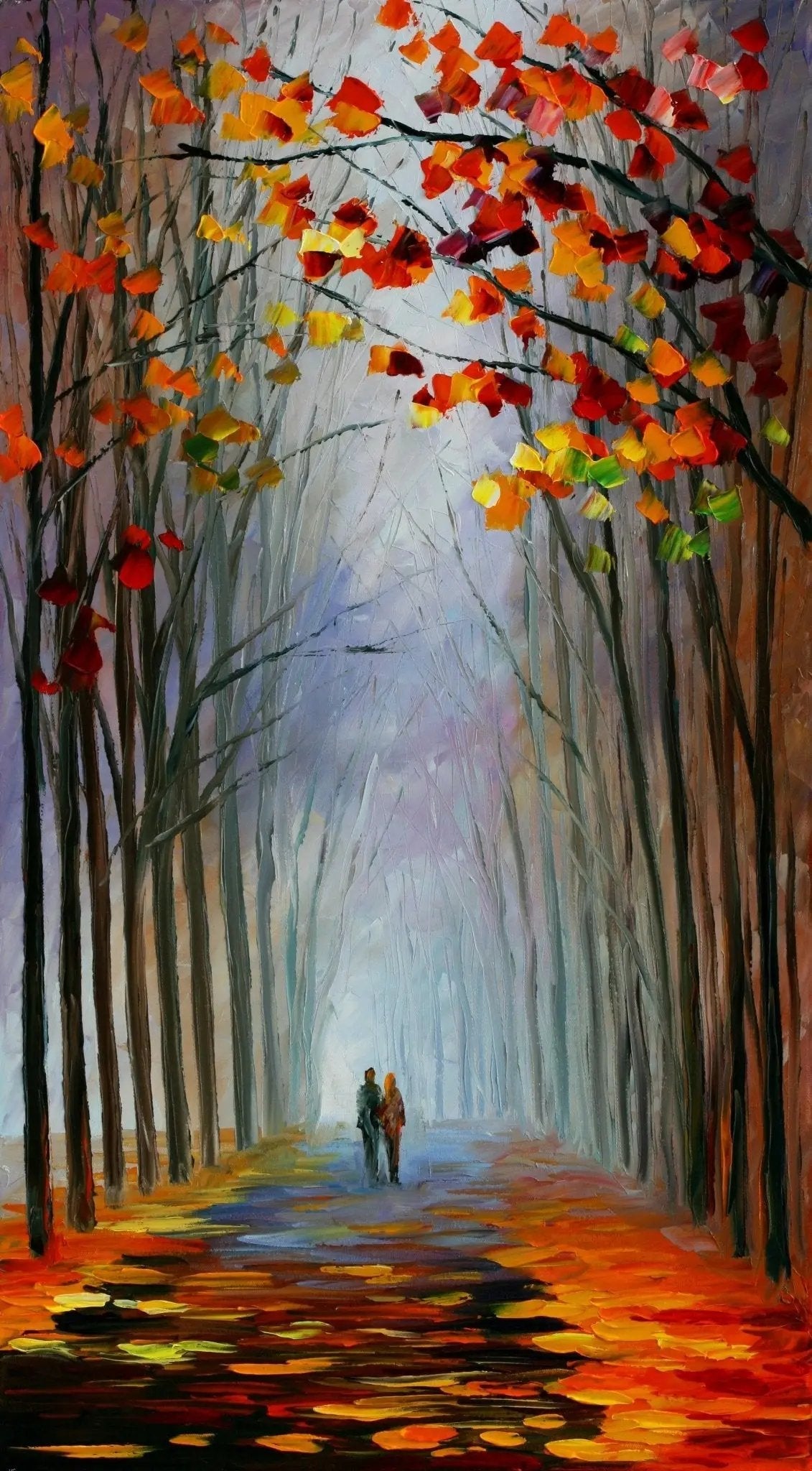 Abstract Landscape Oil Painting - Autumn Forest Path with Figures - Oil Painting Haven
