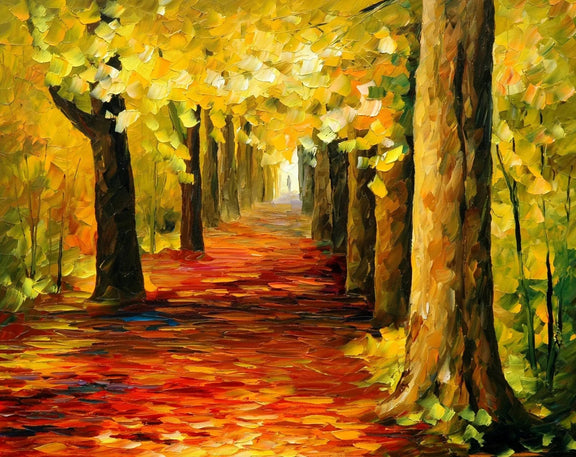 Abstract Landscape Oil Painting - Autumn Forest Path with Vibrant Foliage - Oil Painting Haven
