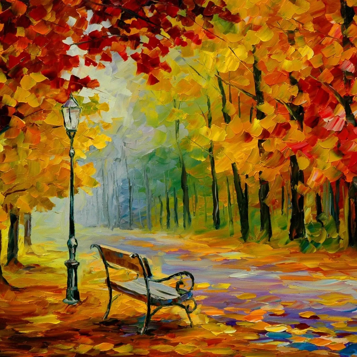 Abstract Landscape Oil Painting - Autumn Park Bench Scene - Oil Painting Haven