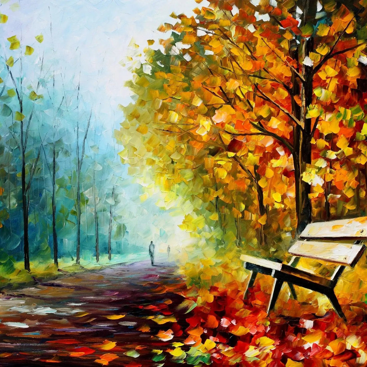 Abstract Landscape Oil Painting - Autumn Park Path with Bench - Oil Painting Haven