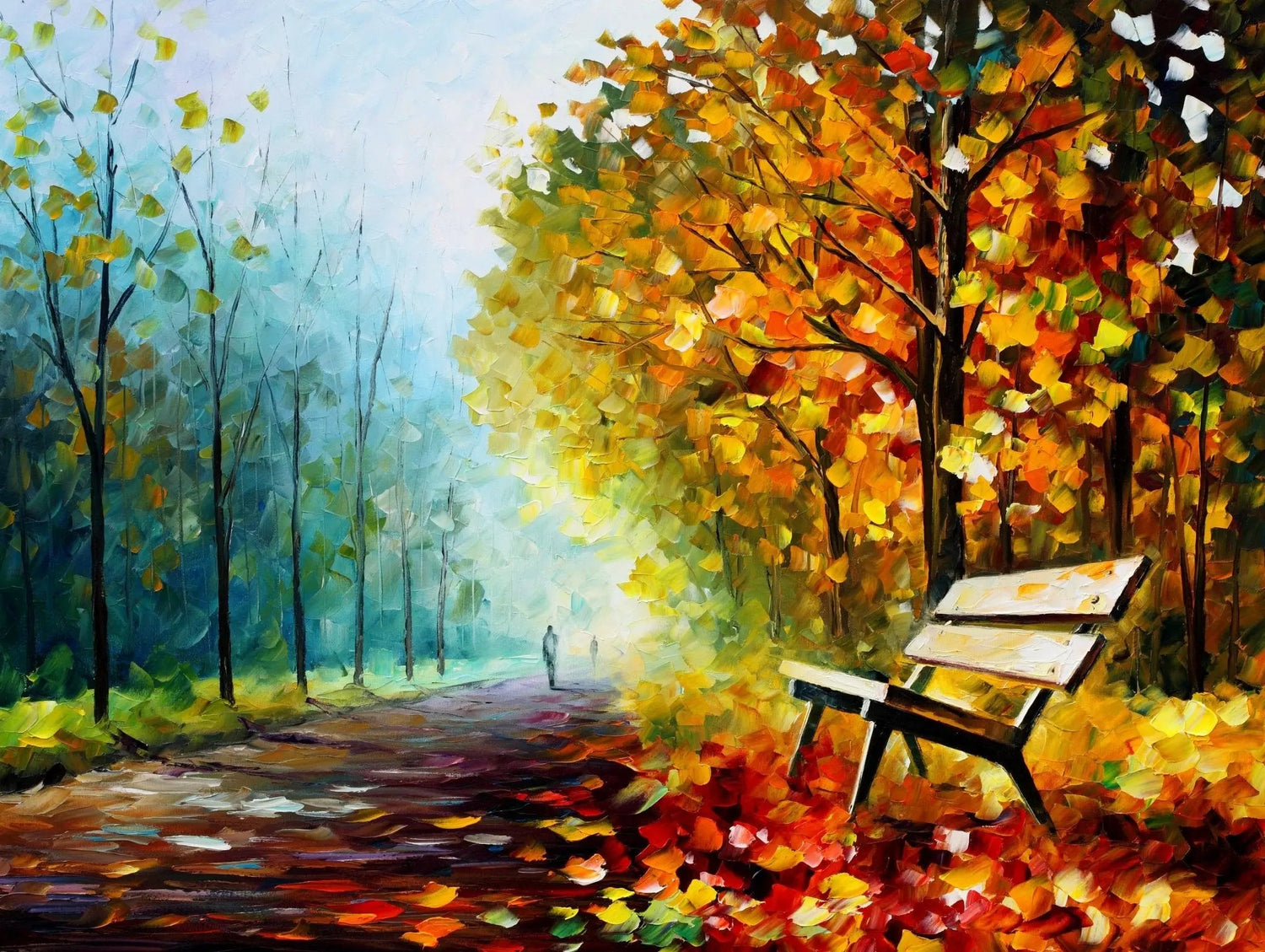 Abstract Landscape Oil Painting - Autumn Park Path with Bench - Oil Painting Haven