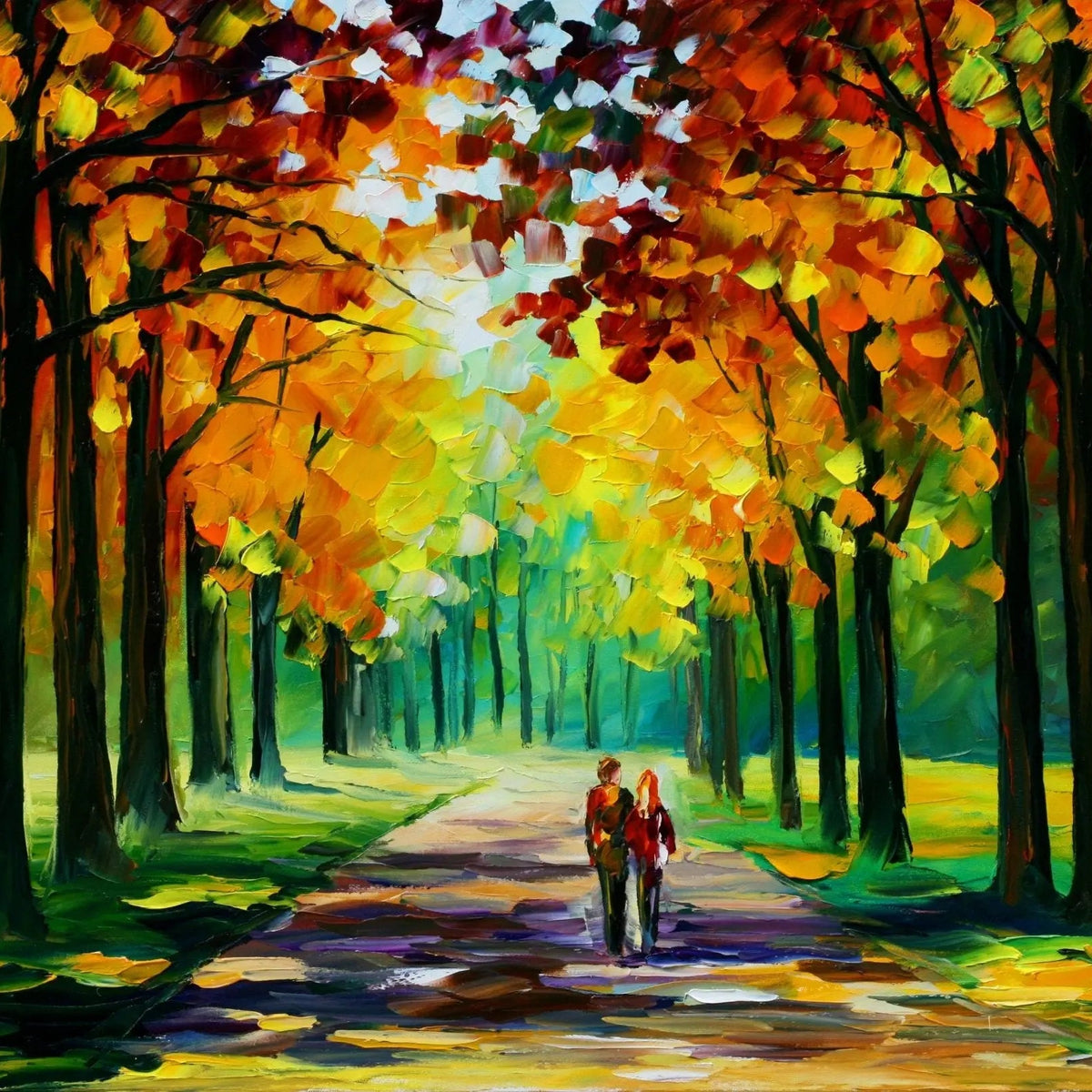 Abstract Landscape Oil Painting - Autumn Park Path with Couple - Oil Painting Haven