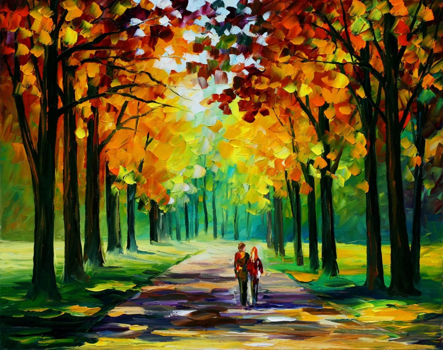 Abstract Landscape Oil Painting - Autumn Park Path with Couple - Oil Painting Haven