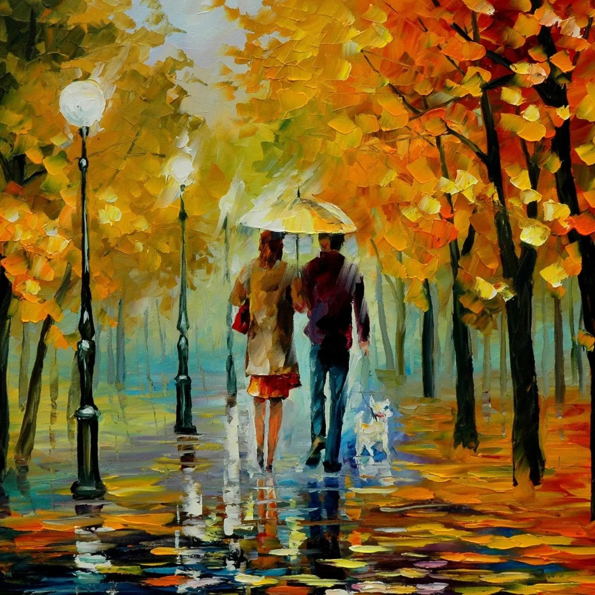 Abstract Landscape Oil Painting - Autumn Park Rain with Pets - Oil Painting Haven