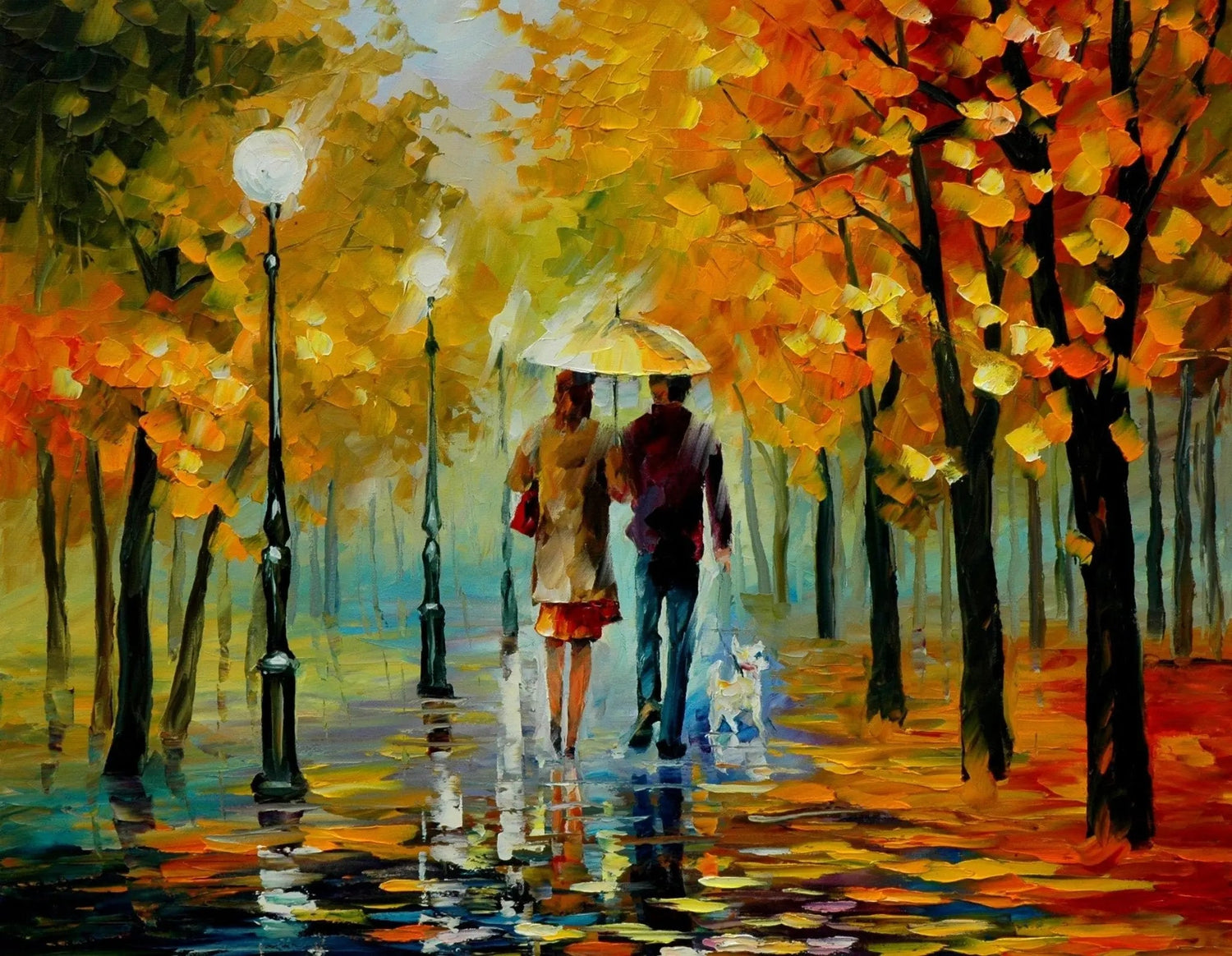 Abstract Landscape Oil Painting - Autumn Park Rain with Pets - Oil Painting Haven