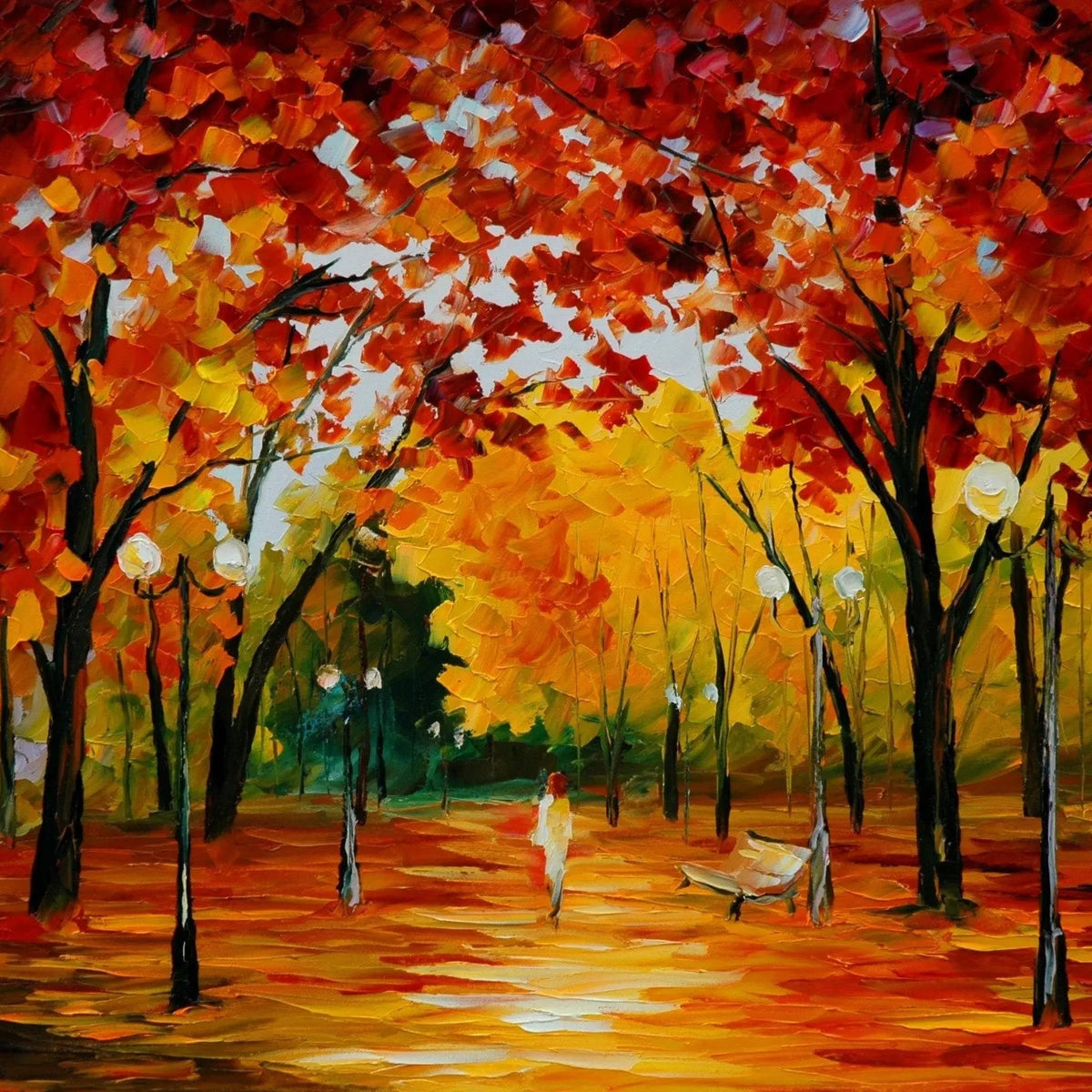 Abstract Landscape Oil Painting - Autumn Park Scene with Figure - Oil Painting Haven