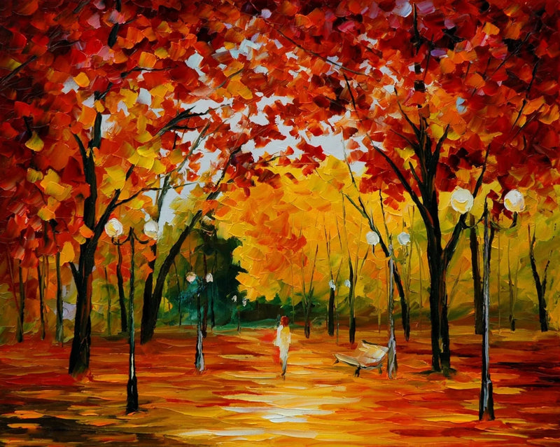 Abstract Landscape Oil Painting - Autumn Park Scene with Figure - Oil Painting Haven