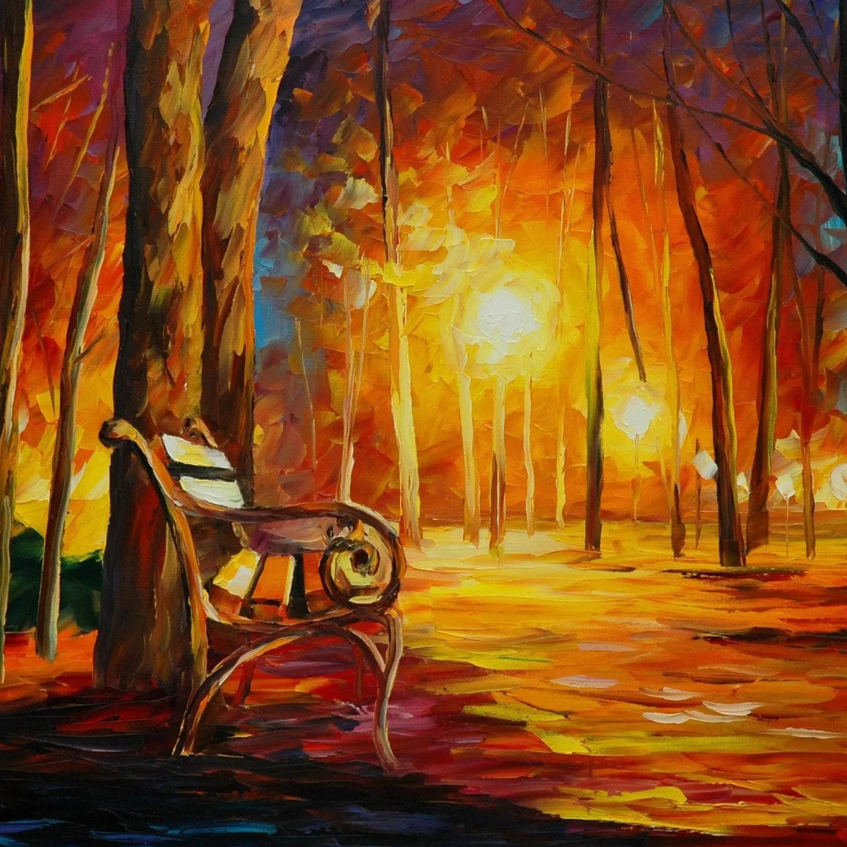 Abstract Landscape Oil Painting - Autumn Park with Bench and Street Lamps - Oil Painting Haven