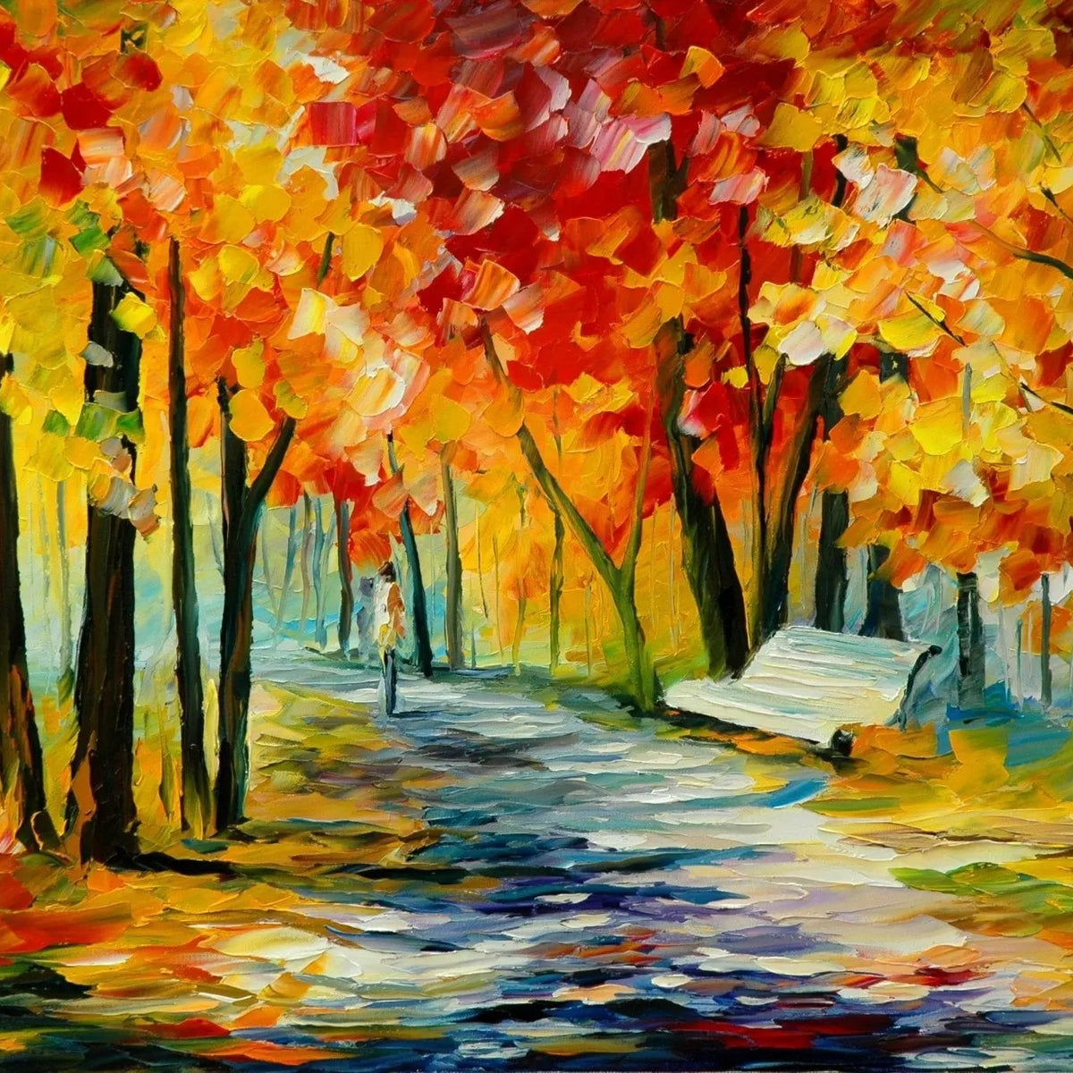 Abstract Landscape Oil Painting - Autumn Path with Bench Scene - Oil Painting Haven
