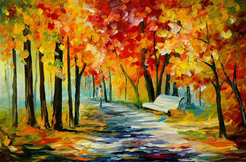 Abstract Landscape Oil Painting - Autumn Path with Bench Scene - Oil Painting Haven