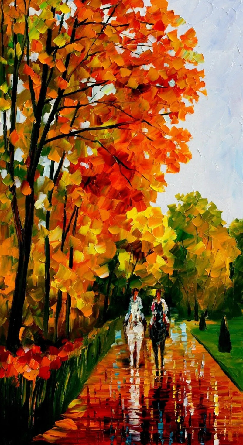 Abstract Landscape Oil Painting - Autumn Path with Horse Riders - Oil Painting Haven