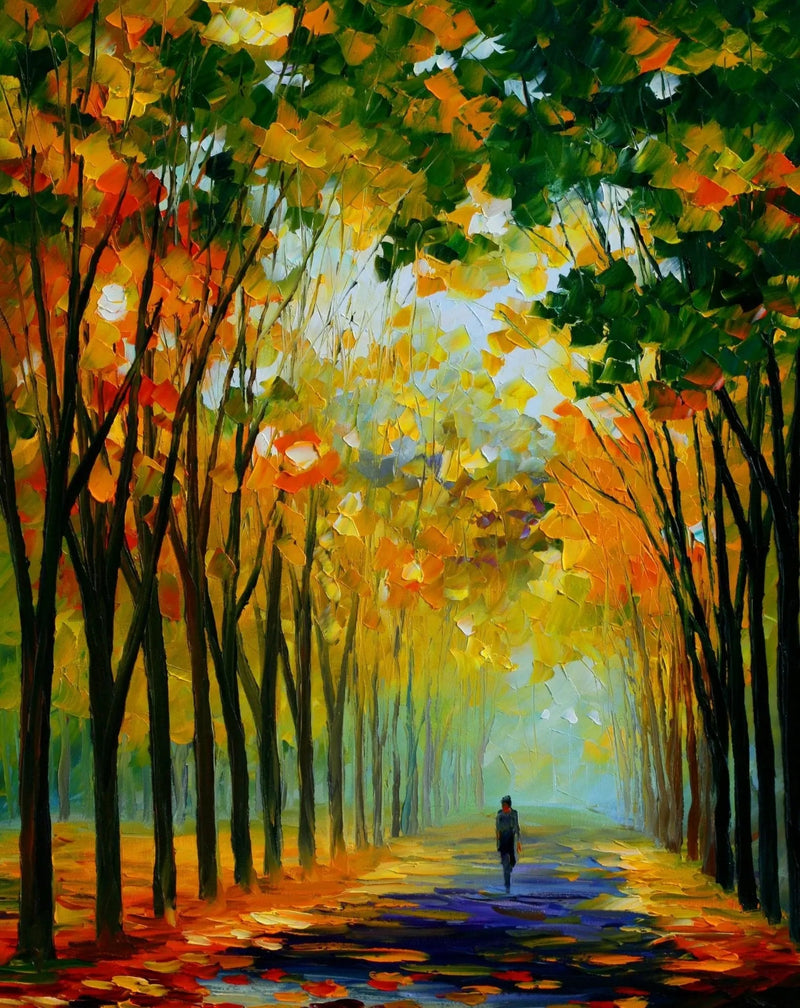 Abstract Landscape Oil Painting: Autumn Path with Solitary Figure - Oil Painting Haven