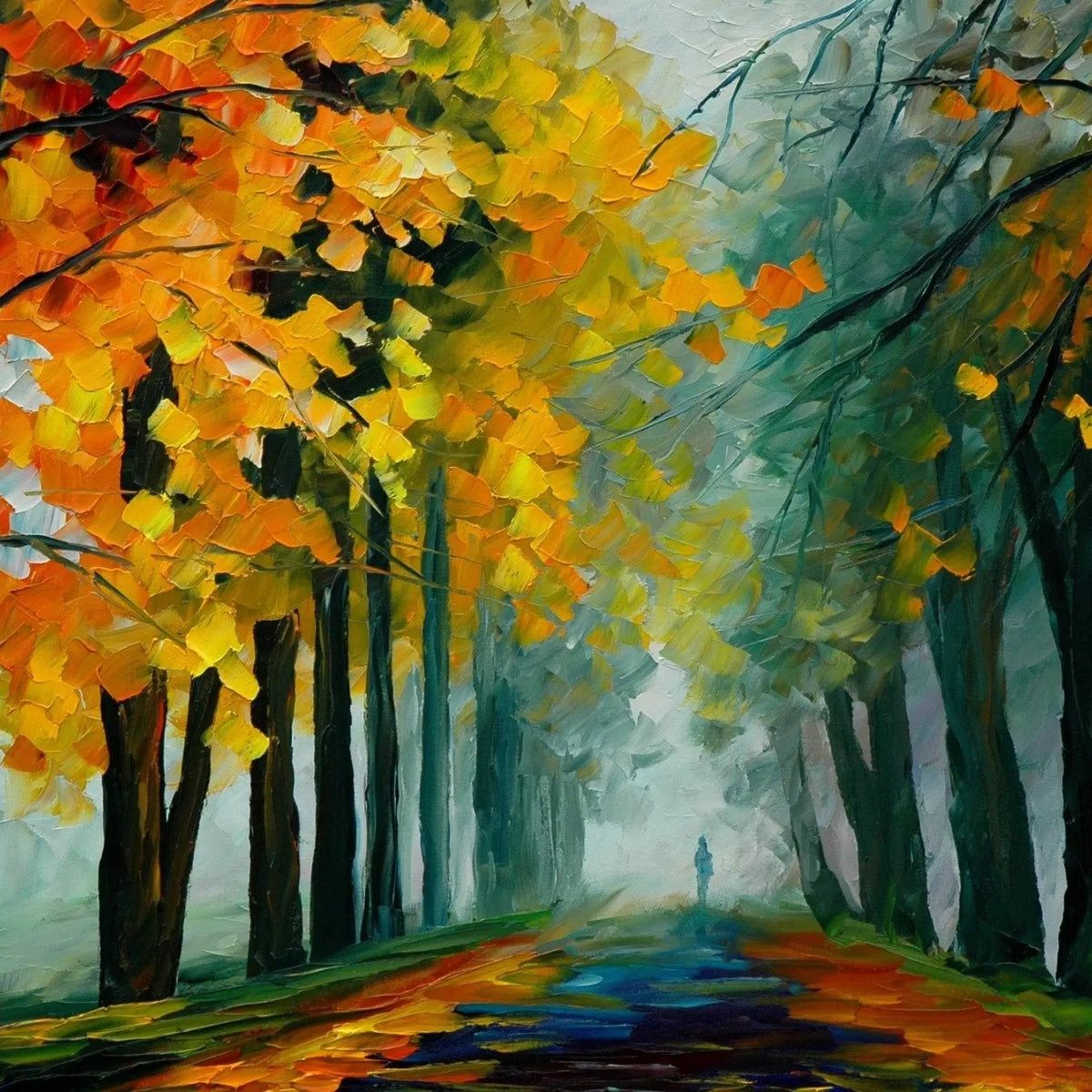 Abstract Landscape Oil Painting - Autumn Path with Walking Figure - Oil Painting Haven