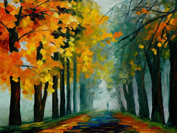 Abstract Landscape Oil Painting - Autumn Path with Walking Figure - Oil Painting Haven