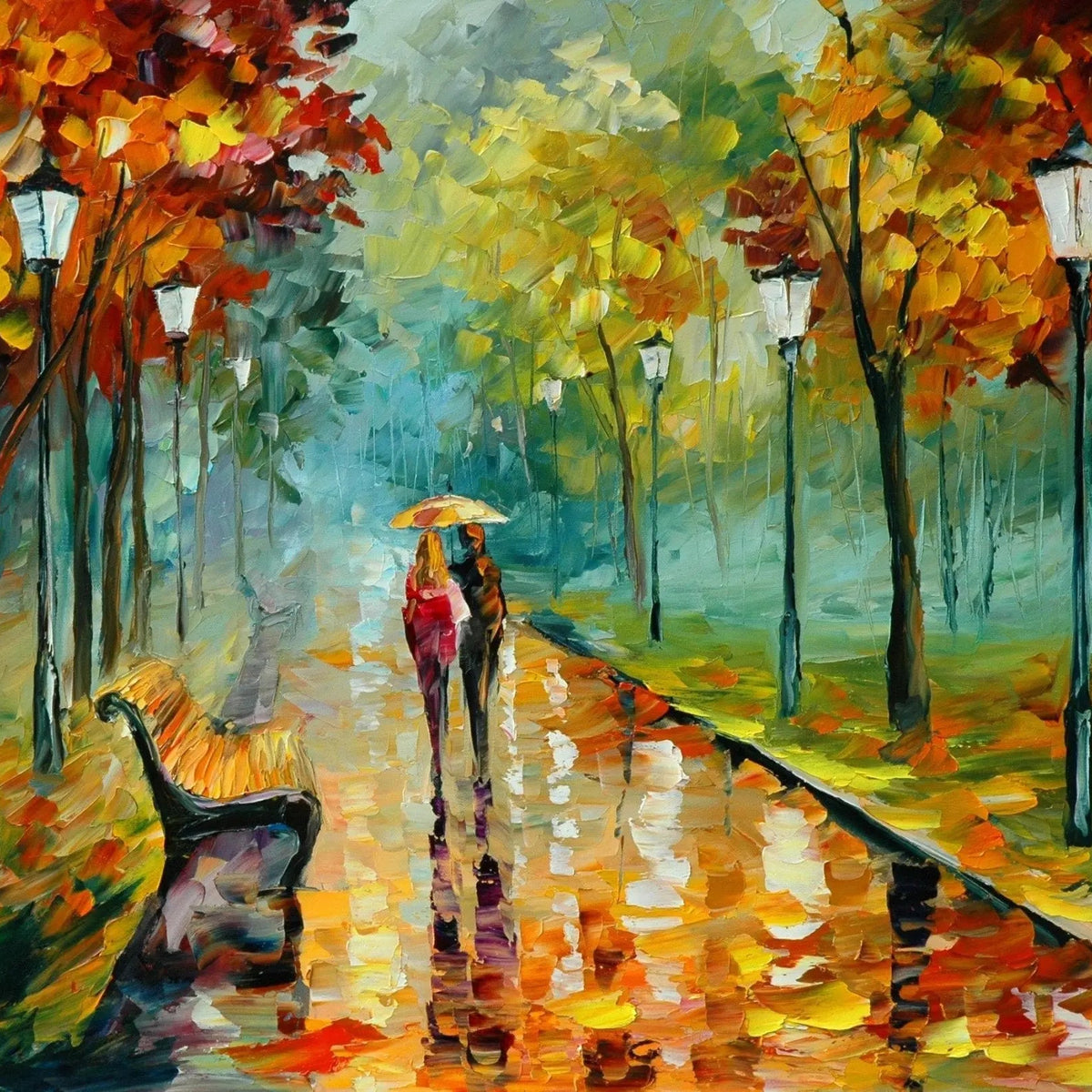 Abstract Landscape Oil Painting - Autumn Rain Park Reflections - Oil Painting Haven