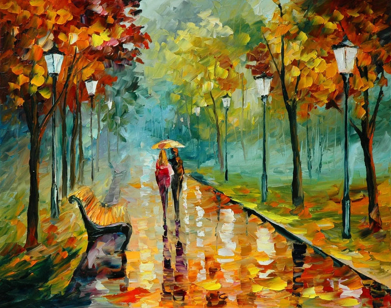 Abstract Landscape Oil Painting - Autumn Rain Park Reflections - Oil Painting Haven