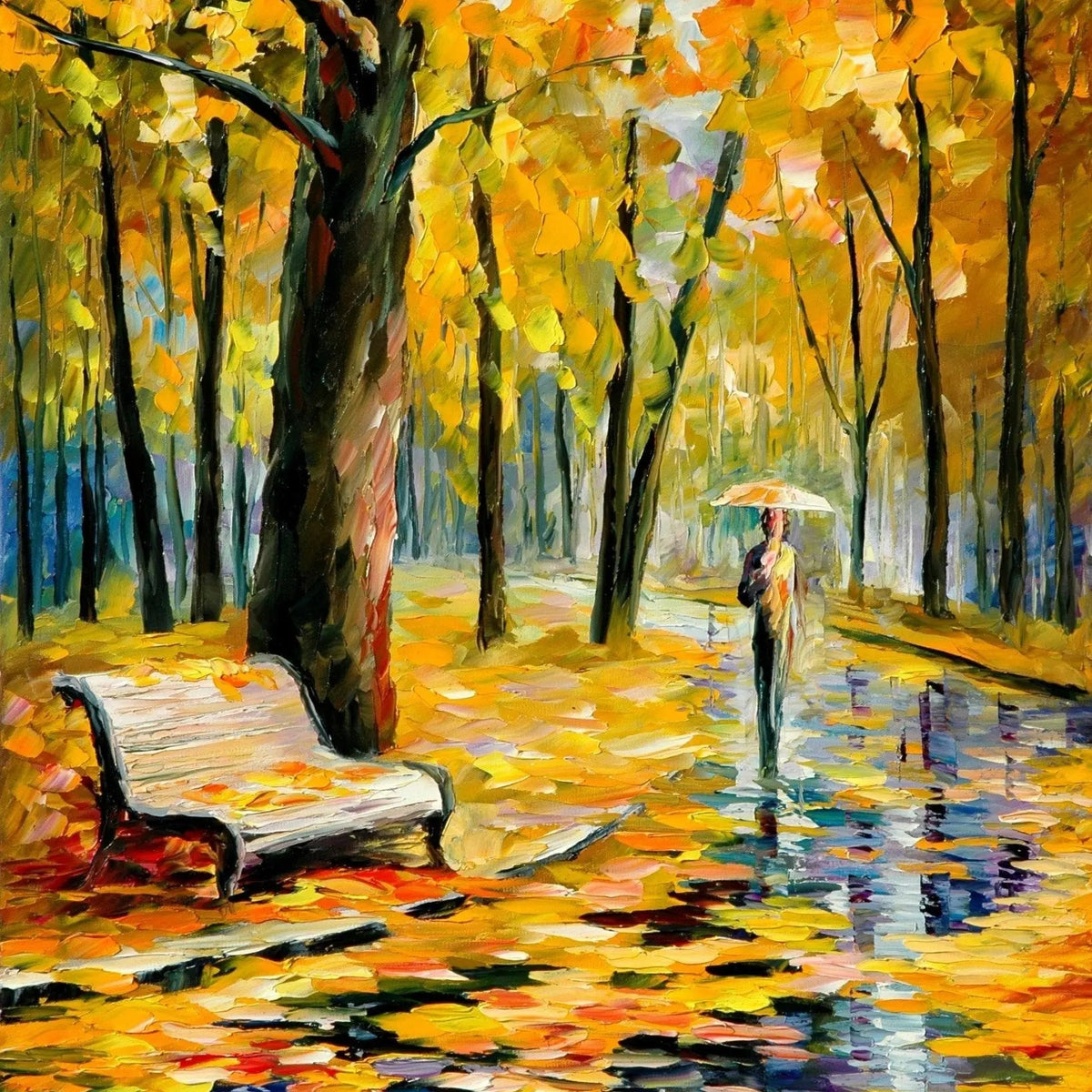 Abstract Landscape Oil Painting - Autumn Rain Park with Bench Scene - Oil Painting Haven
