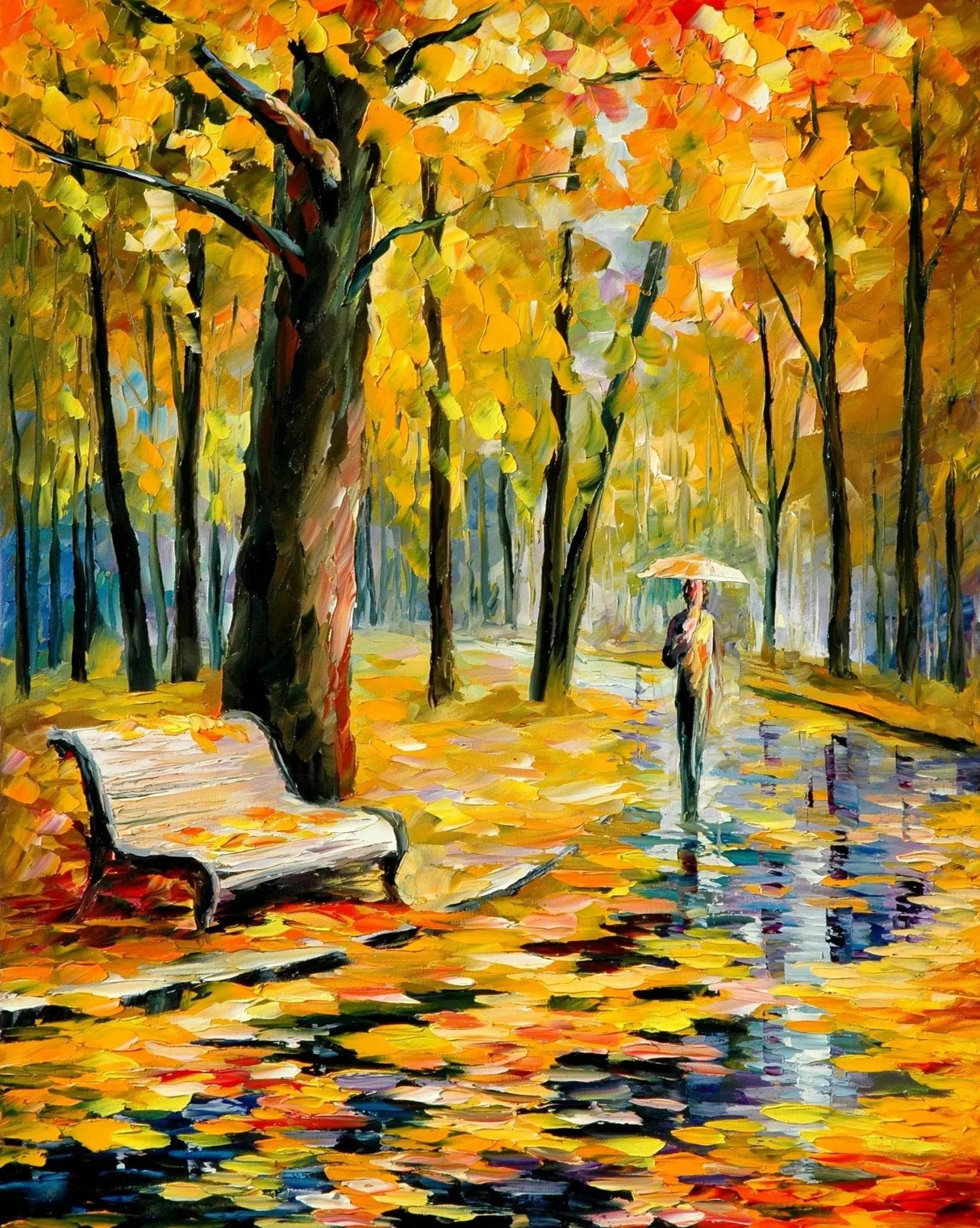 Abstract Landscape Oil Painting - Autumn Rain Park with Bench Scene - Oil Painting Haven