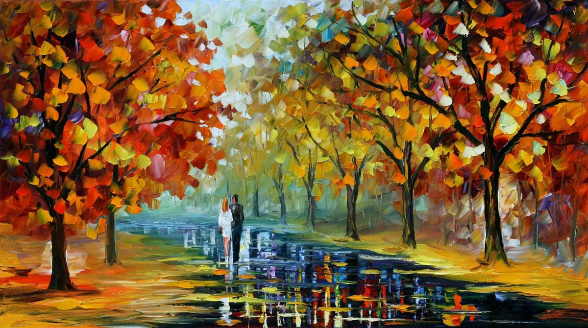 Abstract Landscape Oil Painting - Autumn Rain Path with Couple - Oil Painting Haven