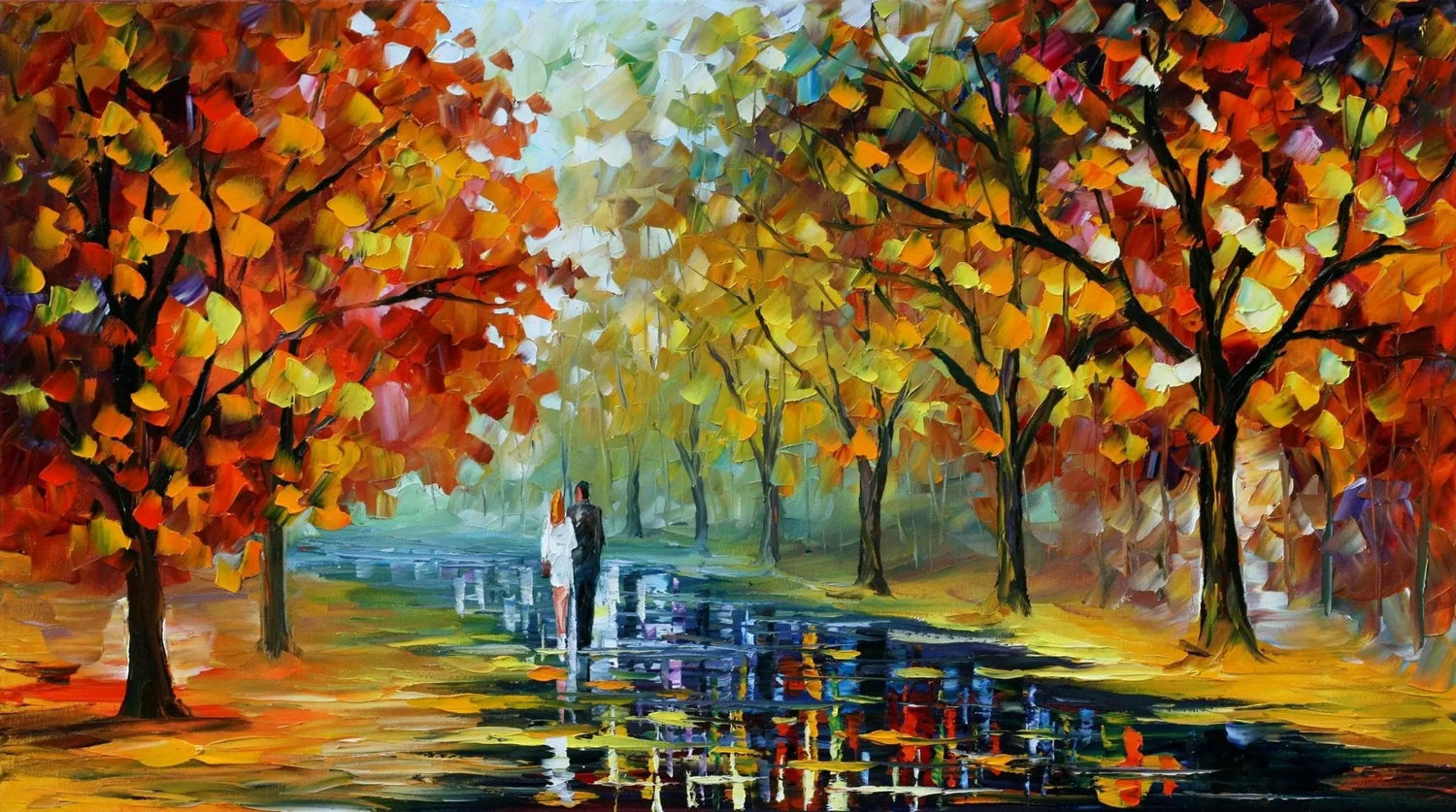 Abstract Landscape Oil Painting - Autumn Rain Path with Couple - Oil Painting Haven