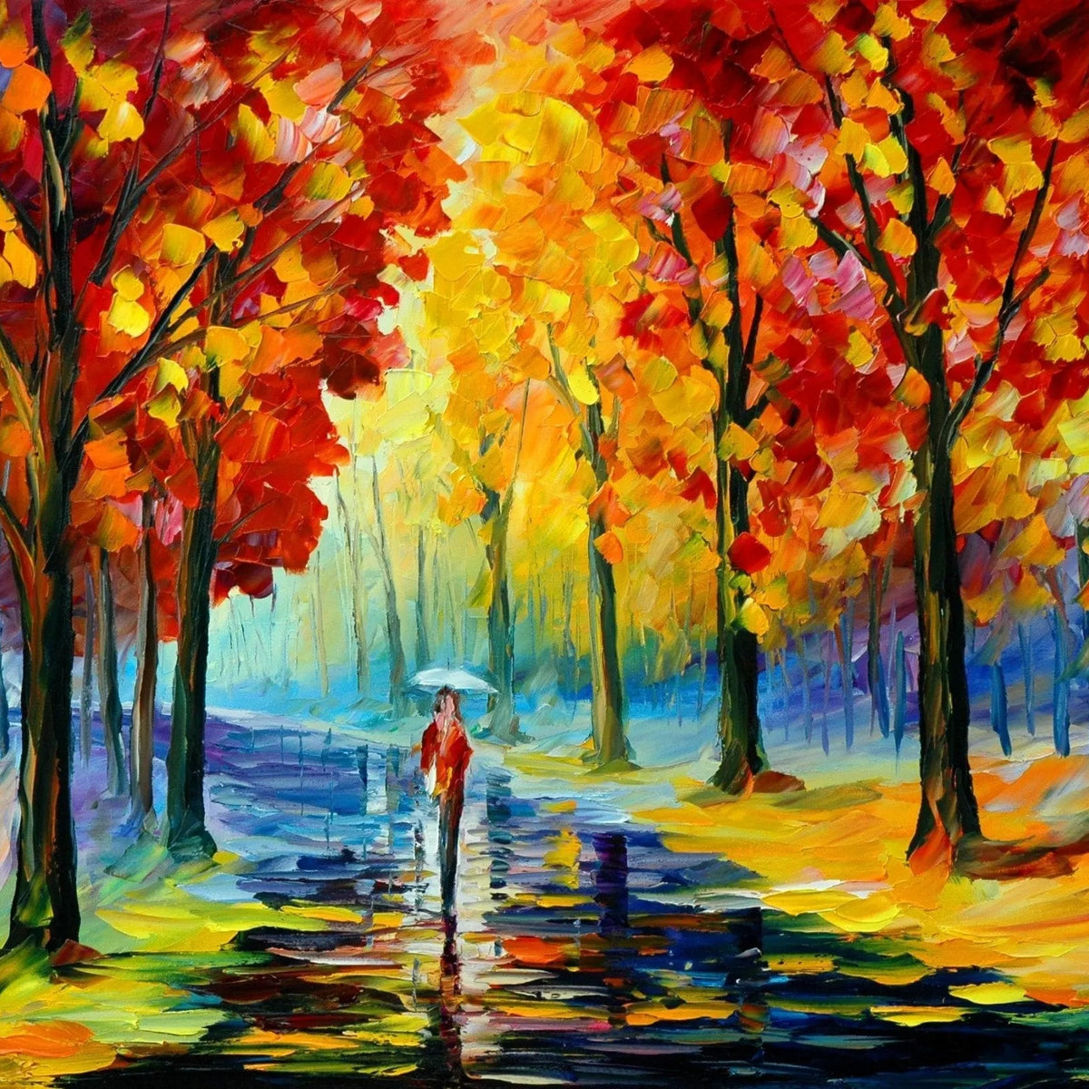 Abstract Landscape Oil Painting - Autumn Rain Path with Figure - Oil Painting Haven
